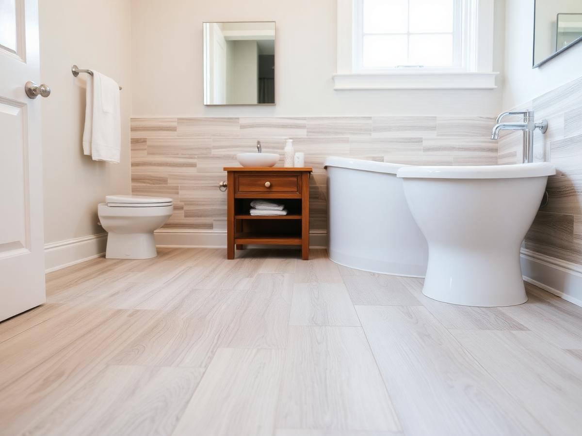 Wood-look tile flooring in remodeled bathroom