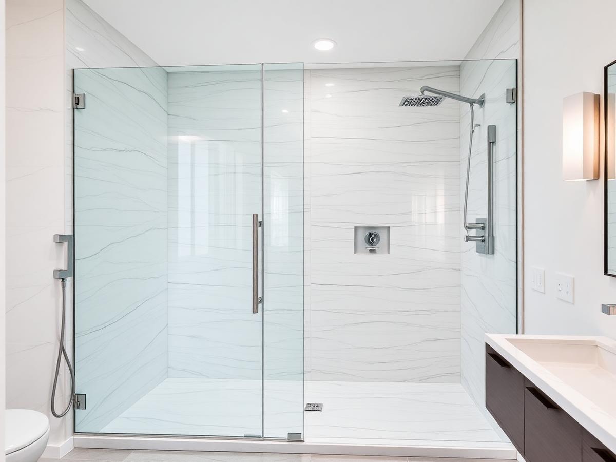 Walk-in glass shower with large format tile