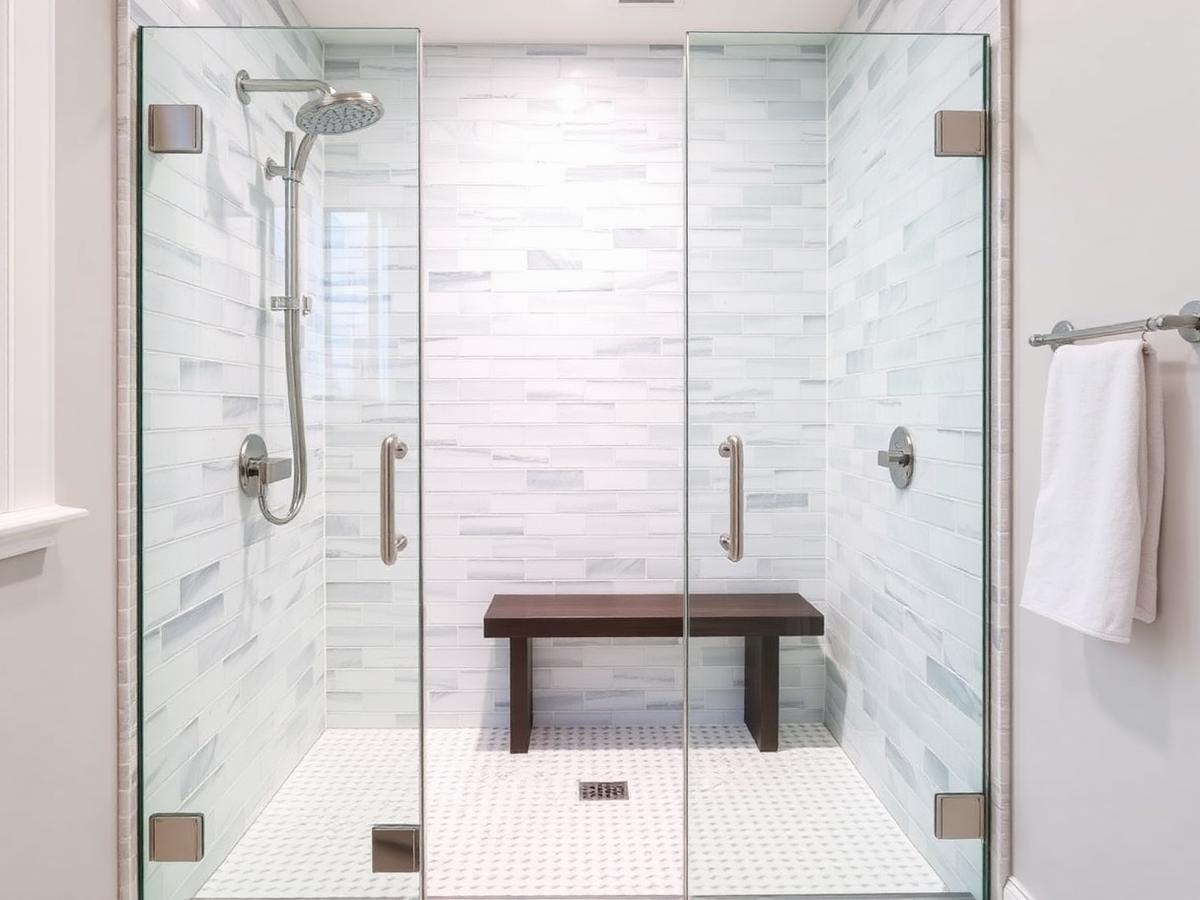 Walk-in tile shower with glass enclosure